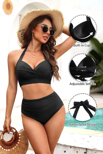 Vista 3 de Tempt Me Bikini halter para mujer, trajes de baño retro push up, traje de baño acolchado, solo sin parte inferior