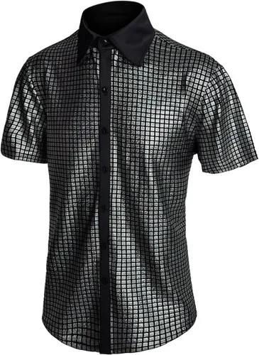 Vista 2 de Camisa de discoteca de los años 70 con lentejuelas de manga corta con botones, brillante disfraz de fiesta de graduación