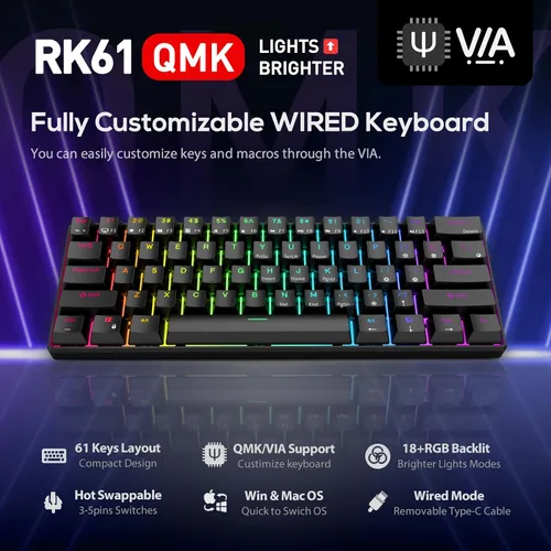 Vista 2 de RK ROYAL KLUDGE RK61 Teclado mecánico para juegos con cable al 60% programable QMK/VIA RGB retroiluminado 61 teclas Ultra-compacto interruptor rojo