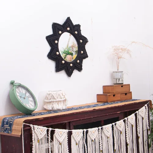 Vista 2 de TENEWEE - Espejo de pared colgante redondo de macramé bohemio Handmade woven, black, wall hanging HD glass; entryway, bedroom, apartment, hallway
