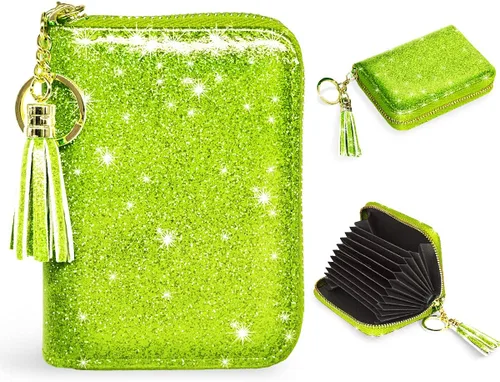 Vista 19 de Coco Rossi Tarjetero de crédito para mujer, cartera pequeña, funda RFID Un brillo azul y verde