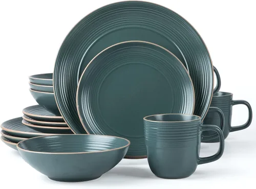 Vista 30 de ARORA SKUGGA Juego de vajilla redonda de cerámica de 16 piezas de 4, platos, platos pequeños, cuencos y tazas - Negro mate (472979)