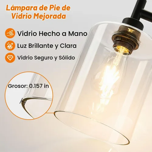 Vista 6 de 【Actualizada】Lámpara de pie regulable para sala de estar con pantalla de vidrio, lámpara de pie industrial moderna negra con bombilla LED de 900LM