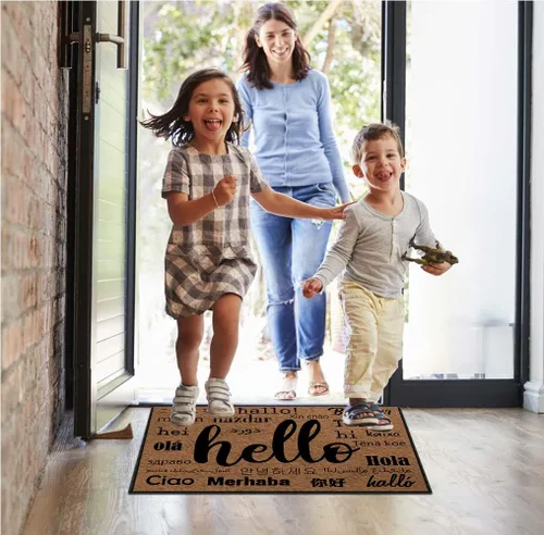 Vista 5 de Emilyhome Hello Funny Felpudo lavable a máquina de perfil bajo de 0.24 pulgadas, para interiores y exteriores, antideslizante y seguro para suelos