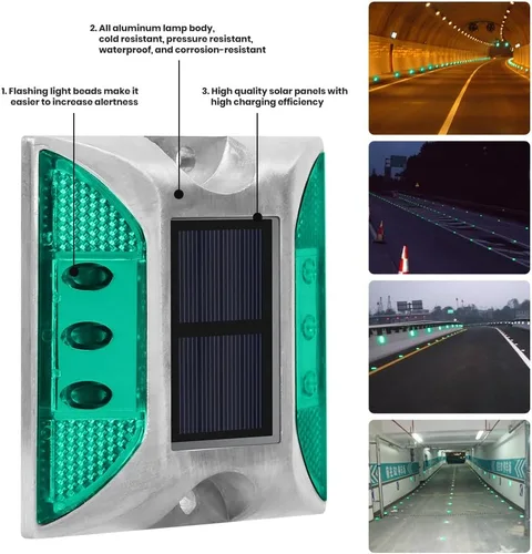 Vista 5 de Perno solar para carretera, 8 unidades, verde, LED, IP68 impermeable, automático, estilo moderno, 4.13 pulgadas de largo x 4.13 pulgadas de ancho x