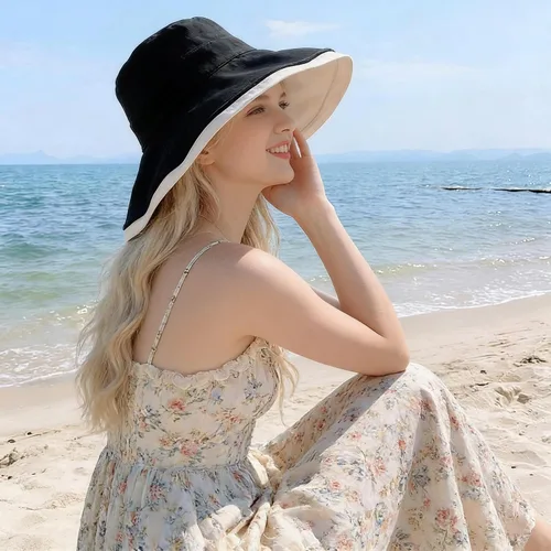 Vista 4 de Sombrero de verano para mujer, protección UV, protección UV, sombrero de ala ancha, plegable, sombrero de playa con correa para la barbilla