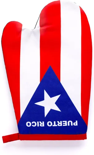 Vista 3 de Juego de cocina y barbacoa de Puerto Rico con delantal, guante de horno y agarradera con bandera puertorriqueña, Azul, rojo, blanco