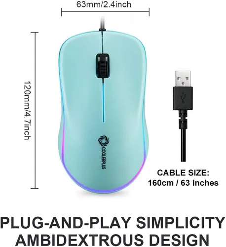 Vista 3 de COOLERPLUS FC112 - Ratón óptico USB con cable para computadora con fácil clic para oficina y hogar 1000 DPI premium y portátil compatible con PC