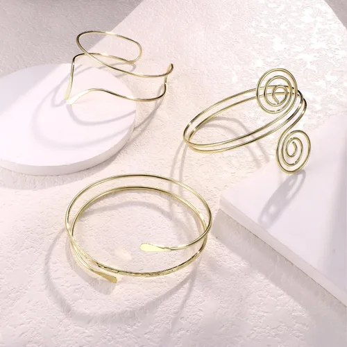 Vista 6 de FINREZIO 3 piezas de brazalete de brazo superior abierto brazaletes de brazalete simple espiral espiral brazalete conjunto de joyería Dia.3" Tono