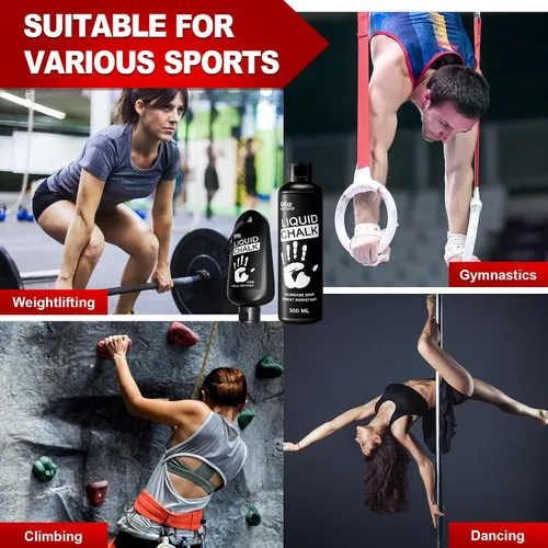 Vista 4 de Tiza líquida de calidad profesional, sin desorden, para gimnasio, levantamiento de pesas, gimnasia, escalada en roca, baile; se seca en segundos