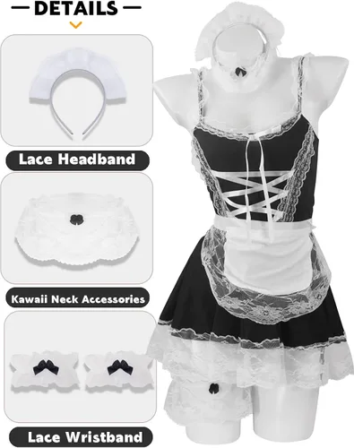 Vista 2 de paloli Maid Cosplay Costume For Women Classic Japanese Anime Dress With Lace Apron And Stocking Set