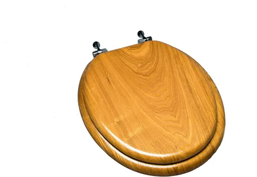 Vista 7 de 5Q1E4-17CH - Asiento de inodoro de madera natural con acabado decorativo, bisagra de poste único de madera y metal, alargado, roble claro con cromo