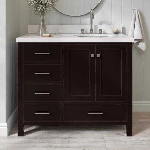 Vista 73 de ARIEL Cambridge tocador de baño con fregadero, madera maciza, encimera y protector contra salpicaduras de cuarzo blanco puro de 1.5 pulgadas