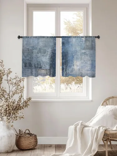 Vista 3 de Cortinas traslúcidas azules abstractas de 84 pulgadas de largo, juego de 2 paneles y cortinas semicortinas grises con bolsillo para barra de cocina