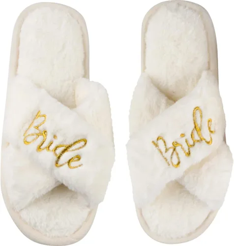 Vista 7 de Bride Slippers and Bridesmaid Slippers Bride Gifts for Bridal Shower, Bachelorette Party, Engagement Party, Wedding Day, etc. Cozy White Fur Bride