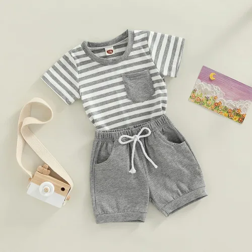 Vista 17 de Conjunto de ropa casual de manga corta con botones y pantalones cortos de lino para bebés y niños pequeños