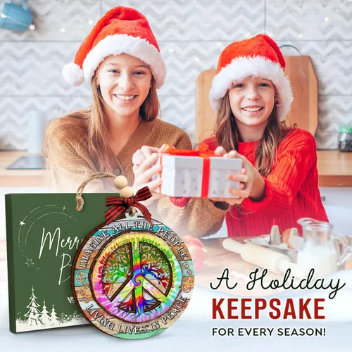 Vista 6 de Adornos de Navidad hippie 2025 – Adorno de madera con signo de paz, regalos retro bohemios, regalos hippie para mujeres y hombres, decoración