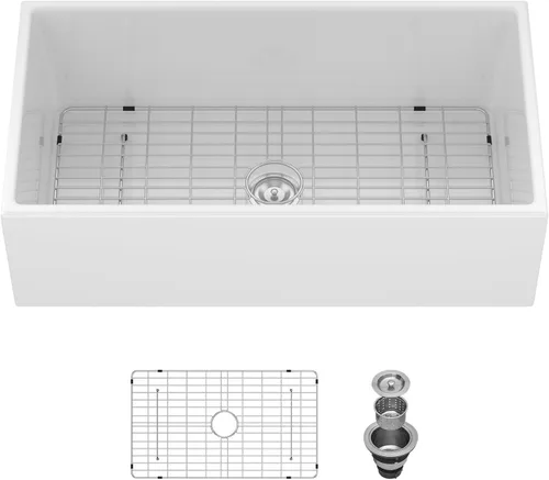 Vista 14 de Fregadero de 33 unidades de arcilla refractaria de 33 x 20 x 10 pulgadas, color blanco, fregadero de cocina de porcelana de cerámica, estilo casa