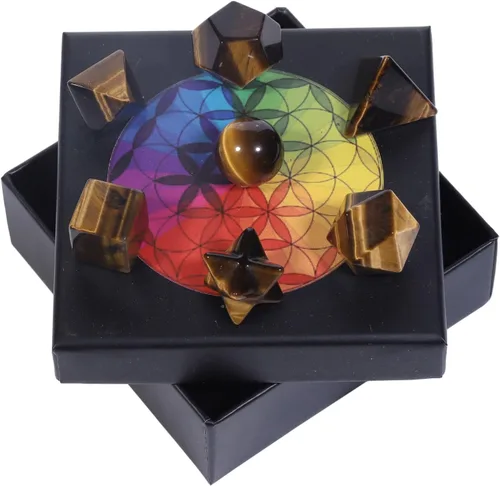 Vista 4 de mookaitedecor Juego de geometría sagrada de 7 chakras de cristal platónico, piedras pulidas pulidas con estrella Merkaba para curación y meditación