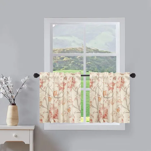 Vista 47 de Leeva Cortinas rústicas de cocina con estampado floral verde mezclado de lino para media ventana, para comedor, bolsillo para barra, cafetería