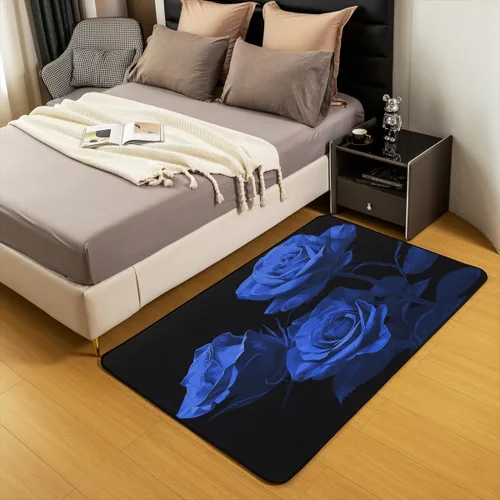 Vista 5 de jejeloiu Alfombra romántica de 4 x 5 pies con patrón de rosas azules románticas para sala de estar, dormitorio, día de San Valentín, alfombra