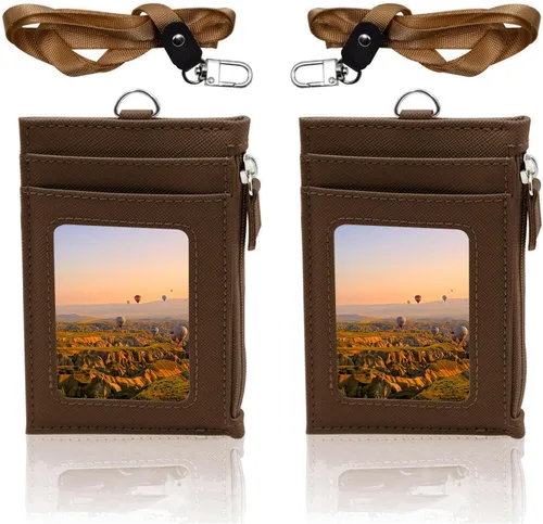 Vista 12 de Paquete de 2 portatarjetas de piel sintética con bolsillo con cremallera, cartera con cordón, tarjetero para tarjetas de identificación con 4 Negro