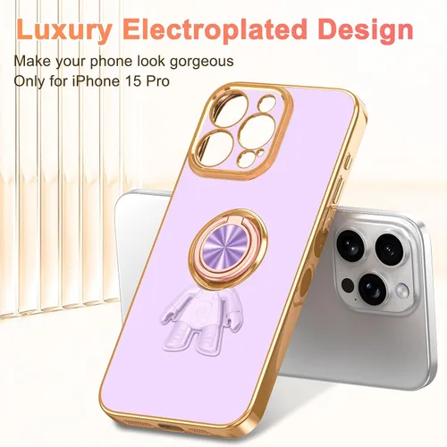 Vista 4 de LONTECT Funda para iPhone 15 Pro, a prueba de golpes, protección de cuerpo completo, soporte de anillo de astronautas, delgada, transparente