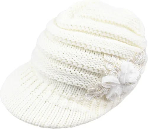 Vista 125 de C-US - Gorro de punto cálido para mujer, con visera de ganchillo con acento de flores