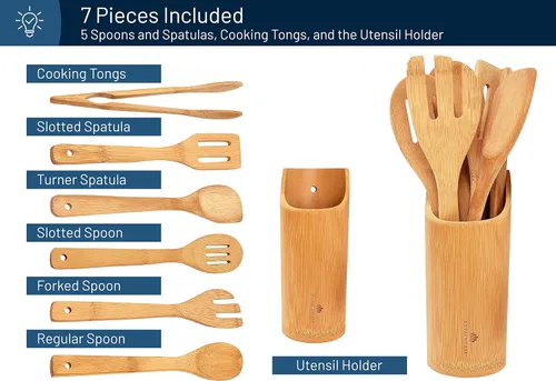 Vista 3 de Juego de utensilios de cocina de madera, 7 piezas de herramientas de cocina 6 Utensilios y soporte