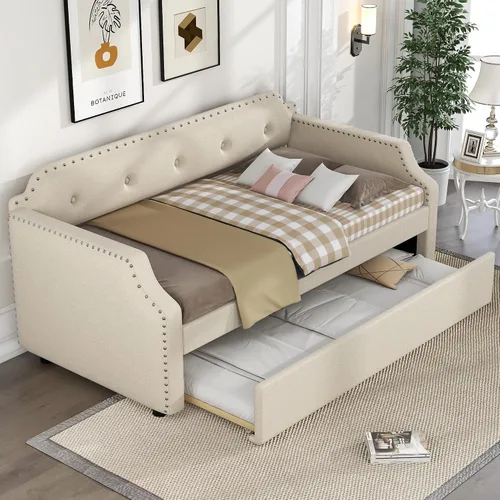 Vista 4 de Sofá cama tamaño individual con trundle, marco de sofá cama individual tapizado, sofá cama para dormitorio y sala de estar, beige