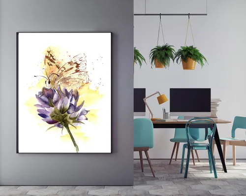 Vista 2 de Impresión artística de pintura de acuarela de mariposa y flor, decoración de pared vibrante púrpura y amarillo, obra de arte polinizador, carteles e