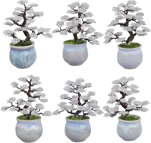 Vista 3 de Amogeeli Bonsái artificial de alambre de aluminio con maceta de cerámica, escultura de árbol de dinero Fengshui hecha a mano, decoración del hogar