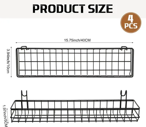 Vista 2 de Blulu 4 Cestas de Pared de Rejilla de Metal de 15.75 x 3.94 x 1.97 Pulgadas con Ganchos, Estantes de Pared de Rejilla, Cesta de Alambre Colgante