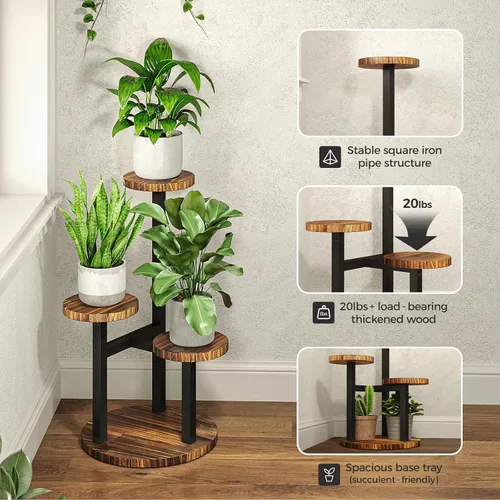 Vista 3 de Bamworld Soporte para Plantas de Esquina Interior de Metal y Madera Estante para Plantas Exterior Soportes Altos para Plantas Mesas para Plantas