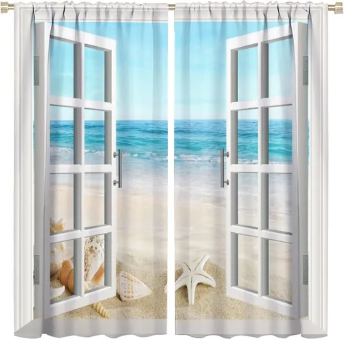 Vista 20 de JESTRONRY Cortina de playa azul y blanca con diseño de estrella de mar y conchas marinas con aislamiento térmico, para oscurecer la habitación, 2