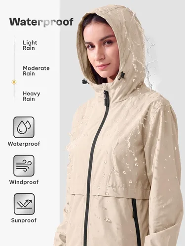 Vista 5 de Chaqueta ligera de lluvia para mujer, impermeable y transpirable, chaqueta con capucha plegable, cortavientos con capucha Beige