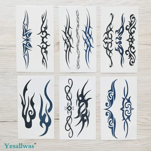 Vista 5 de Yesallwas 6 hojas de tatuajes falsos tribales pequeños tatuajes temporales azul negro tribal tatuaje tatuaje cuerpo adhesivo para hombres mujeres