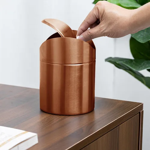 Vista 5 de Mini basurero, pequeño cubo de basura de escritorio con tapa giratoria, de acero inoxidable, para encimera de baño, cubos de basura de cocina