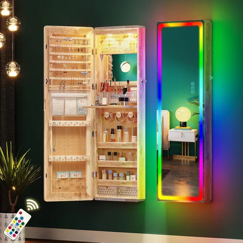 Vista 15 de HNEBC Organizador sobre la puerta, gabinete de joyería con luces, marrón café