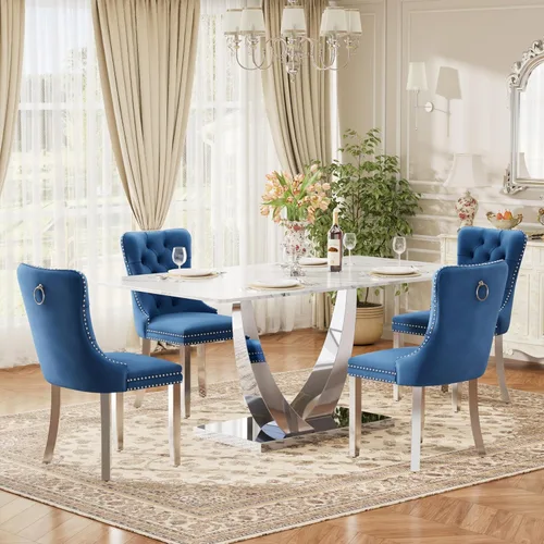 Vista 49 de Juego de mesa de comedor de cristal moderno de mediados de siglo para 4, 63 pulgadas, juego de comedor rectangular grande de lujo con parte superior