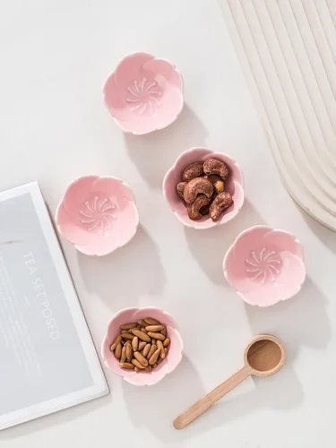 Vista 5 de Jusalpha Juego de 5 piezas de plato de salsa de cerámica con diseño de flores de cerezo rosa, plato de condimentos, tazón para sushi con salsa