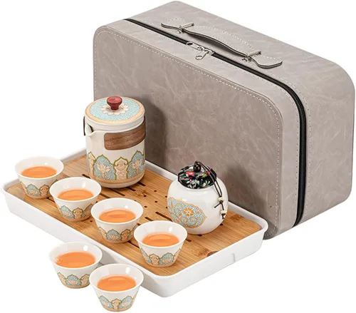 Vista 6 de fanquare Juego de té de gongfu negro, juego de té chino de Kung Fu con ribete dorado, juego de té de porcelana con bolsa portátil