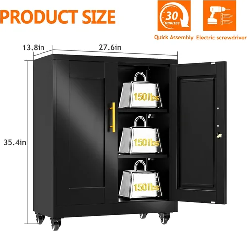 Vista 3 de Metal Garage Storage Cabinet, 36” Rolling Wheels Tool Cabinet with Lock-2 Adjustable Shelves, Locking Storage, Steel Locker Storage Systems for Home