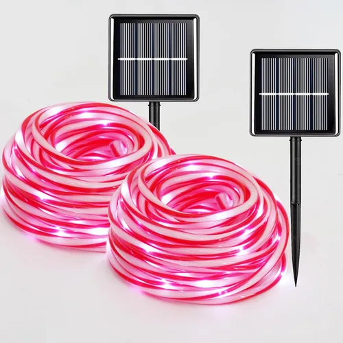 Vista 23 de QITONG Paquete de 2 luces solares verdes, cada cadena de 100 luces LED de 33 pies para exteriores, 8 modos de luces de hadas en tubo de PVC