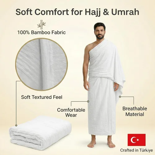 Vista 4 de Modefa Ihram islámico para hombre Umrah - Hajj Umrah Essentials - Juego de 2 piezas de Ehram Ahram para Hajj - Viscosa sin costuras hecha de bambú +