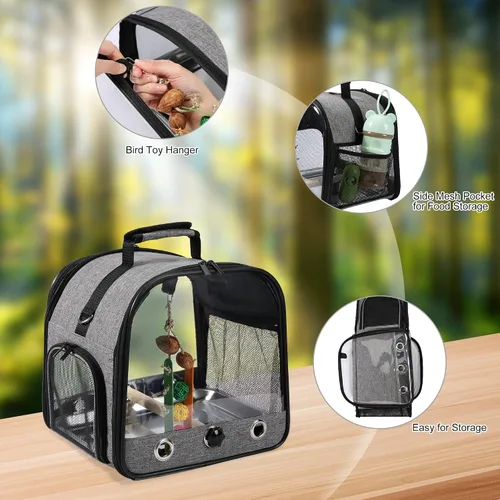 Vista 4 de Bolsa transportadora de pájaros jaula de viaje para pájaros con soporte, transportador de pájaros pequeño para loro, bolsa de viaje portátil