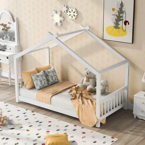 Vista 12 de Merax Cama de plataforma de casa de tamaño individual con cabecero y estribo, marco de cama de madera con diseño de techo para dormitorio,