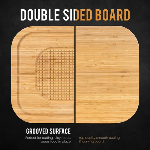 Vista 3 de Masirs Tabla de cortar de madera de bambú, lados reversibles para cortar y tallar, crestas elevadas para mantener la carne en su lugar y ranuras
