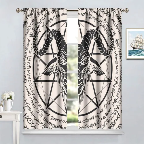 Vista 3 de BAEKJIN Cortinas de cabeza de cabra, diseño de calavera malvada, bruja, símbolo misterioso, bolsillo para barra, cortinas opacas para ventana, juego