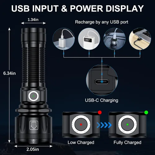 Vista 3 de Linternas de alto lúmenes, 1800.000 lúmenes, linterna recargable súper brillante con 5 modos de luz, zoomable, IP67 impermeable, linterna LED